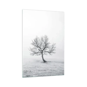 Impression sur verre - Image sur verre - Un arbre solitaire dans le brouillard hivernal dans un champ vide - 70x100cm - Contre le néant - Décoration murale moderne pour le salon et la chambre ARTTOR