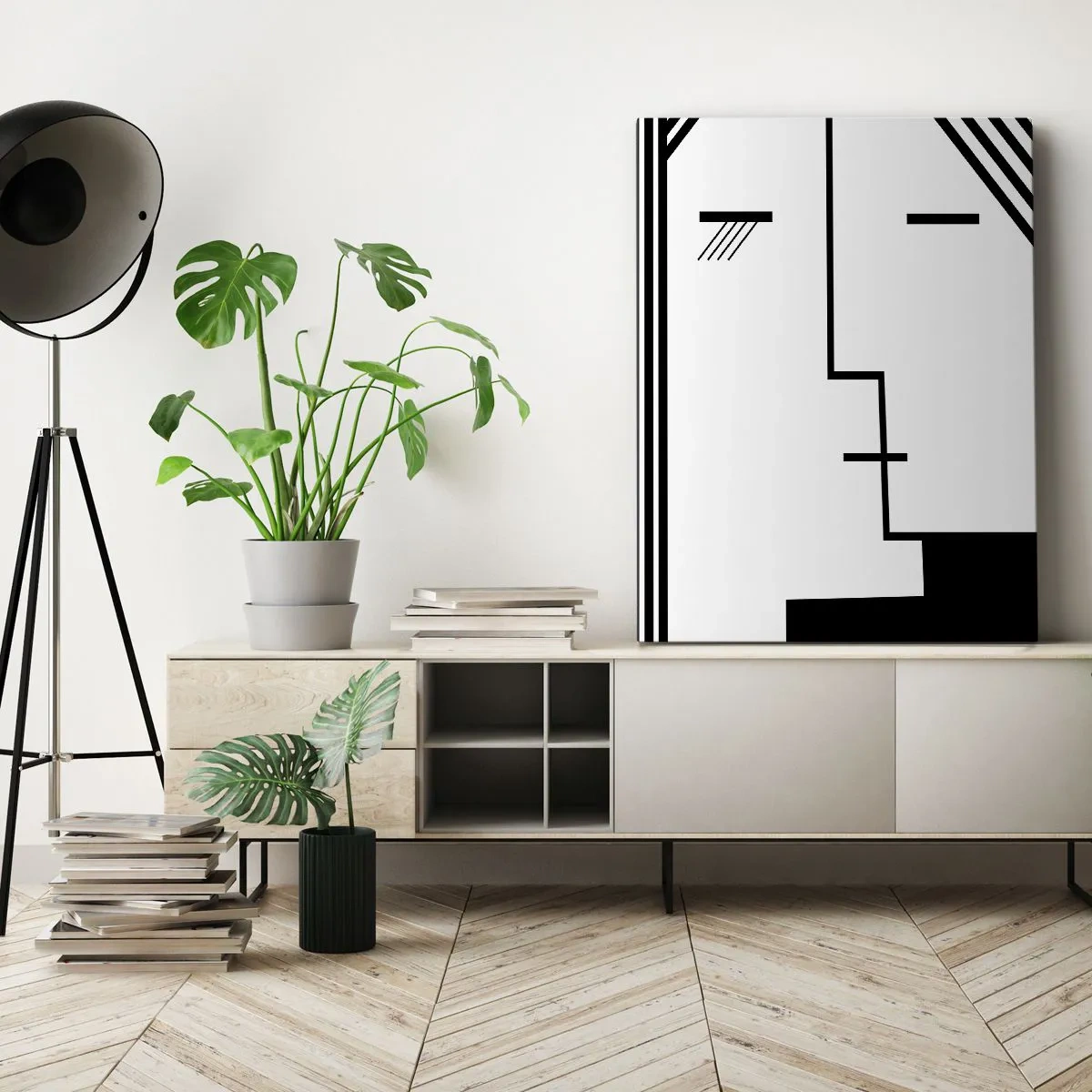 Impression sur toile - Image sur toile - Abstraction géométrique d'un baiser en noir et blanc - 50x70cm - Juste un baiser - Décoration murale moderne pour le salon et la chambre ARTTOR