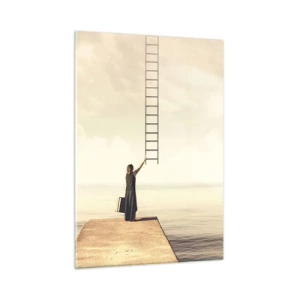 Impression sur verre - Image sur verre - Femme sur une jetée avec une échelle menant au paradis - 50x70cm - Voyage magique - Décoration murale moderne pour le salon et la chambre ARTTOR