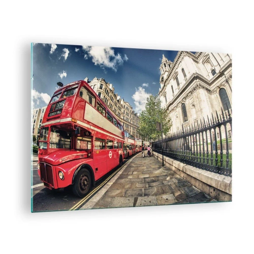 Impression sur verre - Image sur verre - Un bus rouge à impériale dans un environnement urbain - 70x50cm - Rue de Londres en gris et rouge - Décoration murale moderne pour le salon et la chambre ARTTOR