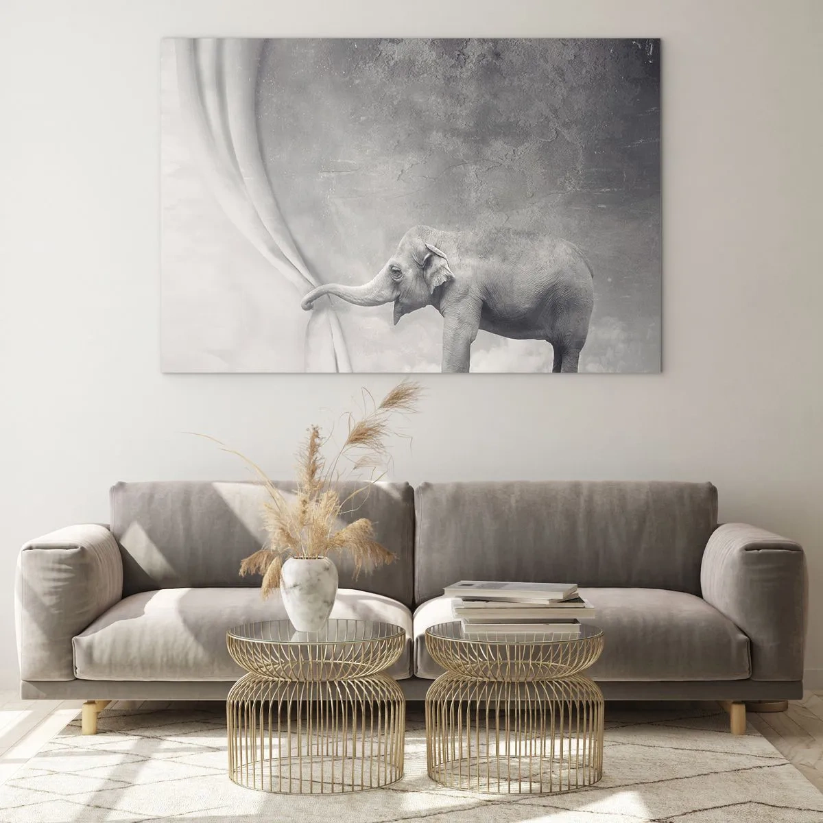 Impression sur verre - Image sur verre - Un éléphant dans un décor surréaliste avec un rideau - 120x80cm - Révéler le mystère - Décoration murale moderne pour le salon et la chambre ARTTOR