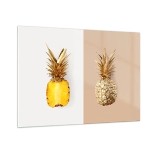 Impression sur verre - Image sur verre - Un ananas tranché et doré sur deux fonds contrastés - 100x70cm - Ananas pour nous - Décoration murale moderne pour le salon et la chambre ARTTOR