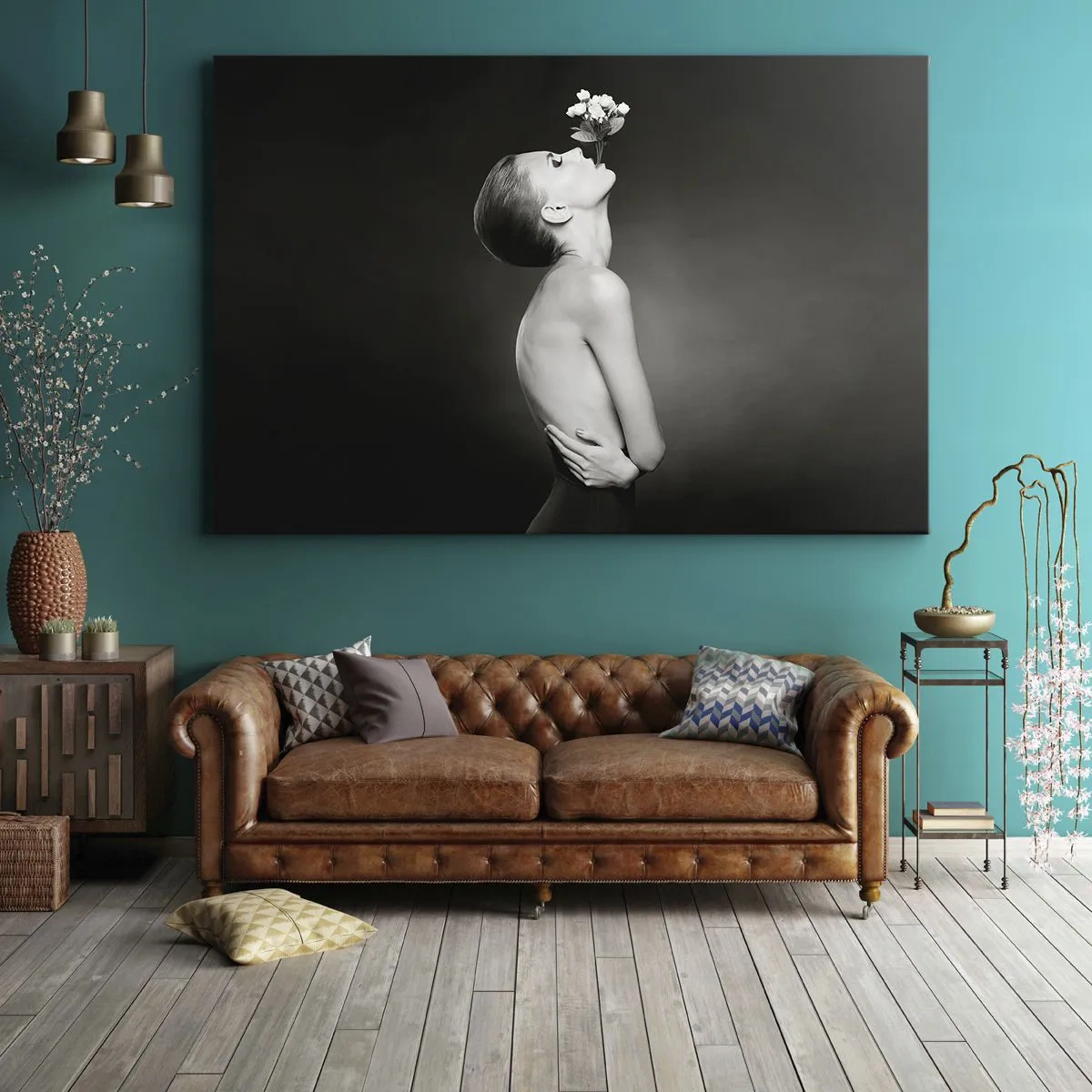Impression sur toile - Image sur toile - Silhouette noire et blanche d'une femme avec une fleur - 70x50cm - Elégance excentrique - Décoration murale moderne pour le salon et la chambre ARTTOR