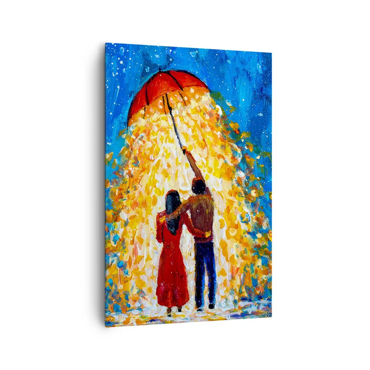 Impression sur toile - Image sur toile - Un couple sous un parapluie rouge sous la pluie lumineuse - 80x120cm - La magie d'une soirée pluvieuse ? - Décoration murale moderne pour le salon et la chambre ARTTOR