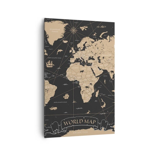 Impression sur toile - Image sur toile - Une carte du monde stylisée sur fond noir avec des accents beiges. - 80x120cm - Les limites de mon monde - Décoration murale moderne pour le salon et la chambre ARTTOR