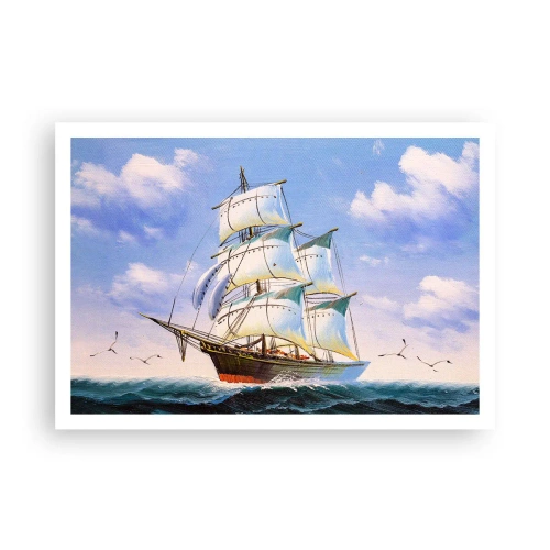 Affiche - Poster - Un voilier en pleine mer sous un ciel bleu - 100x70cm - Fièrement avec le vent - Décoration murale moderne pour le salon et la chambre ARTTOR