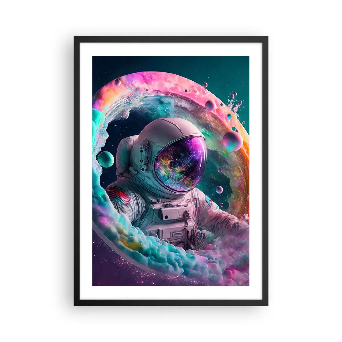 Affiche dans un cadre noir - Poster - Astronaute dans un environnement spatial rempli de nébuleuses colorées - 50x70cm - porte des étoiles - Décoration murale moderne pour le salon et la chambre ARTTOR