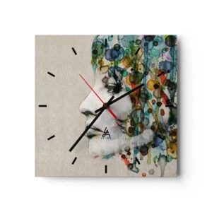 Horloge murale - Pendule murale - Profil d'une femme aux couleurs aquarelles avec un fond abstrait - 30x30cm - Elle est sortie de la grisaille - Décoration murale moderne pour le salon et la chambre ARTTOR