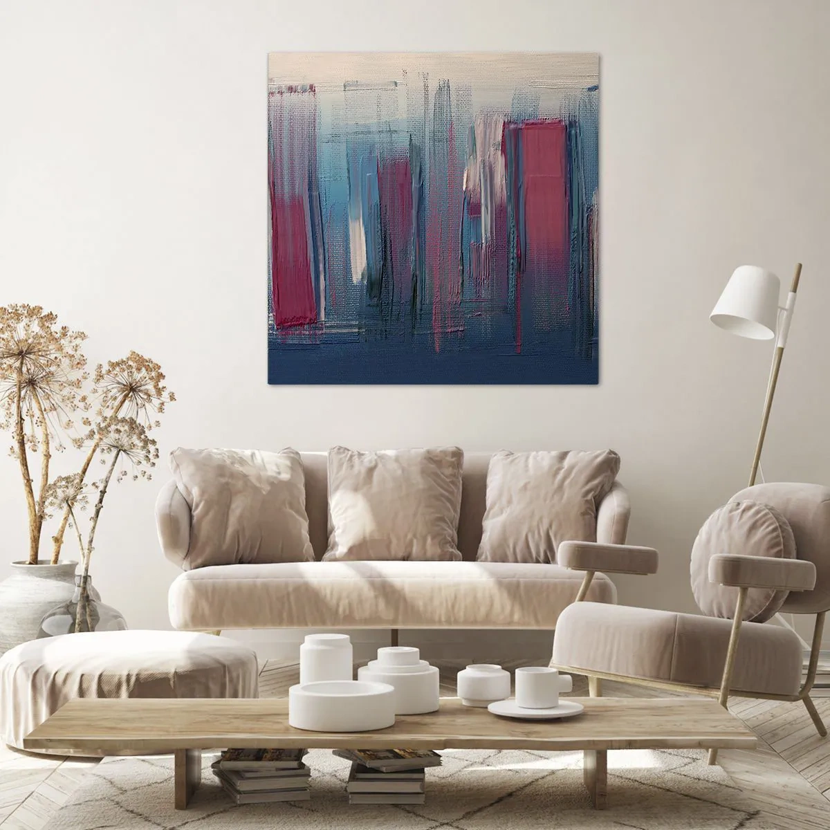 Impression sur toile - Image sur toile - Composition verticale en bleu et rouge - 70x70 cm