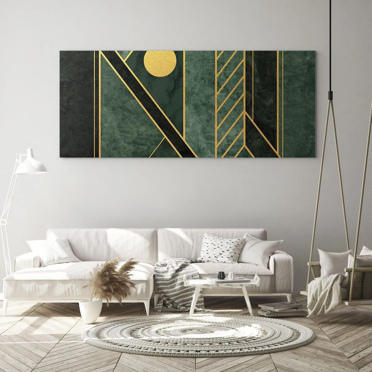 Impression sur verre - Image sur verre - Design géométrique vert et or avec un motif élégant - 120x50cm - Dynamique or et azur - Décoration murale moderne pour le salon et la chambre ARTTOR