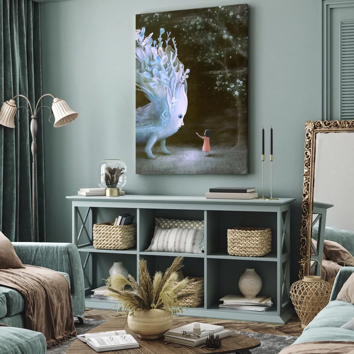 Impression sur toile - Image sur toile - La figure d'une fille face à une créature fantastique - 50x70cm - Une rencontre fantastique - Décoration murale moderne pour le salon et la chambre ARTTOR