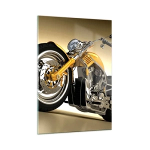 Impression sur verre - Image sur verre - Une moto customisée dorée sur fond clair - 50x70cm - Un rêve de force et de vitesse - Décoration murale moderne pour le salon et la chambre ARTTOR