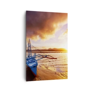 Impression sur toile - Image sur toile - Bateau bleu sur la plage au coucher du soleil - 80x120cm - Allongez-vous dans le sable après une longue journée - Décoration murale moderne pour le salon et la chambre ARTTOR
