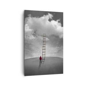 Impression sur toile - Image sur toile - Une personne portant un manteau rouge et une échelle menant à un nuage - 80x120cm - Tout est possible - Décoration murale moderne pour le salon et la chambre ARTTOR