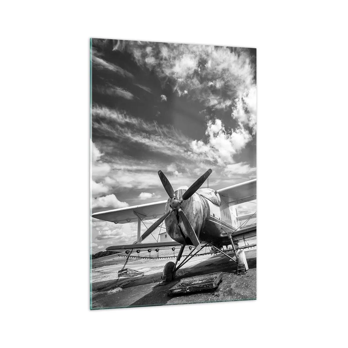 Impression sur verre - Image sur verre - Un vieil avion à l'aéroport en noir et blanc - 70x100cm - Je suis impatient! - Décoration murale moderne pour le salon et la chambre ARTTOR