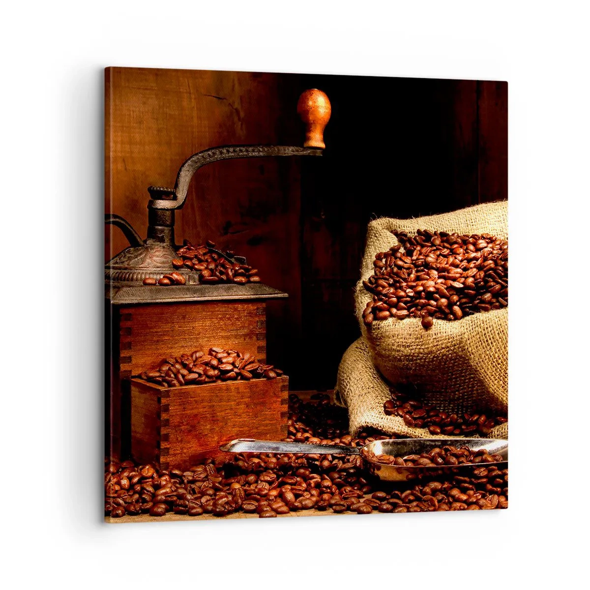 Impression sur toile - Image sur toile - Nature morte avec grains de café et moulin - 60x60 cm