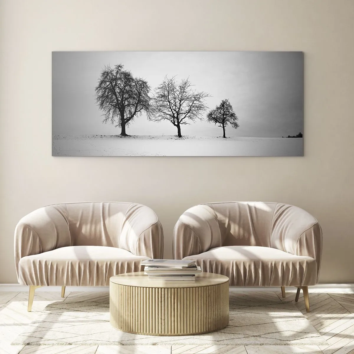 Impression sur verre - Image sur verre - Trois arbres dans un champ enneigé dans un style monochrome - 120x50cm - A quoi rêvent-ils? - Décoration murale moderne pour le salon et la chambre ARTTOR