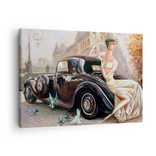 Impression sur toile - Image sur toile - Femme rétro à côté d'une voiture classique - 70x50cm - L'élégance dans un style rétro - Décoration murale moderne pour le salon et la chambre ARTTOR