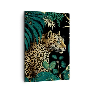 Impression sur toile - Image sur toile - Léopard dans des feuilles tropicales sur fond noir - 50x70cm - Un hôte dans la jungle - Décoration murale moderne pour le salon et la chambre ARTTOR