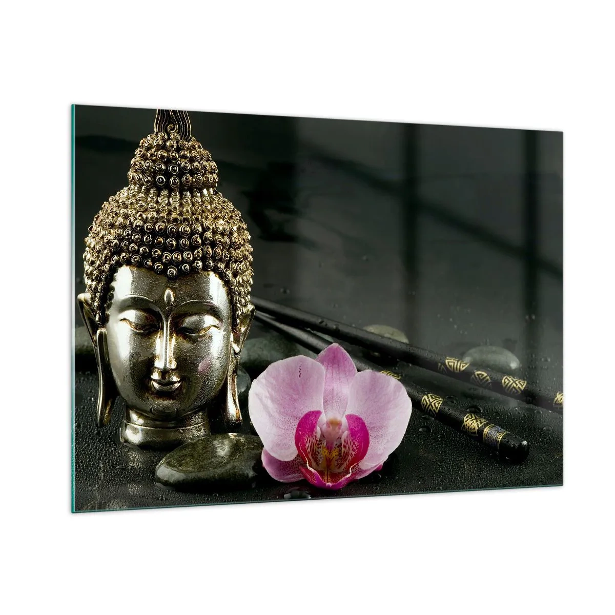 Impression sur verre - Image sur verre - Tête bouddhiste avec une fleur rose sur un fond de pierres - 100x70cm - Harmonie de la sagesse et de la beauté - Décoration murale moderne pour le salon et la chambre ARTTOR