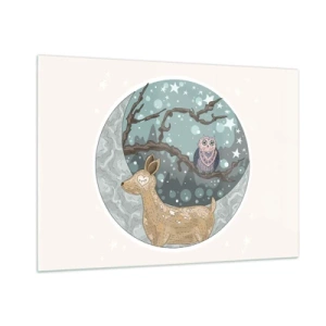 Impression sur verre - Image sur verre - Illustration d'un cerf et d'un hibou dans un décor magique - 100x70cm - Une nuit de conte de fées en forêt  - Décoration murale moderne pour le salon et la chambre ARTTOR