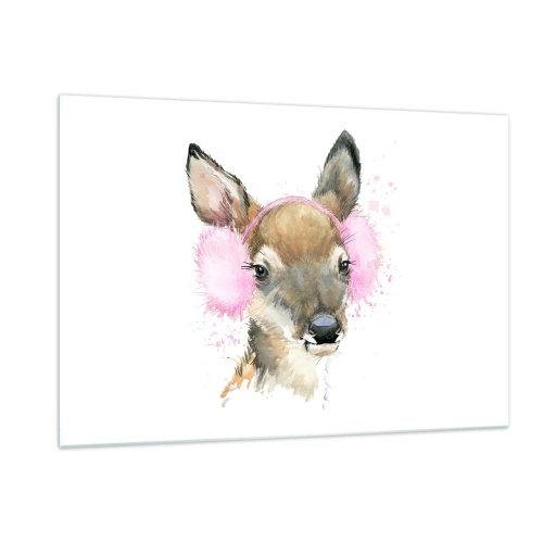 Impression sur verre - Image sur verre - Un cerf avec des cache-oreilles en fourrure rose - 120x80cm - Et le gel n'effraie plus - Décoration murale moderne pour le salon et la chambre ARTTOR