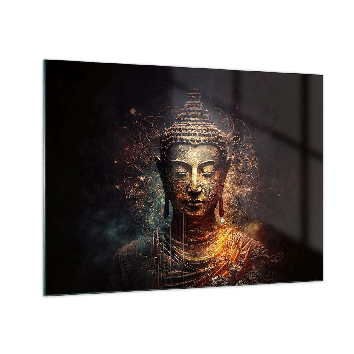 Impression sur verre - Image sur verre - Une figure dorée de Bouddha sur un fond sombre avec des ornements - 70x50cm - Équilibre spirituel - Décoration murale moderne pour le salon et la chambre ARTTOR