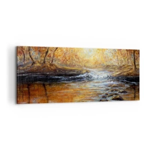 Impression sur toile - Image sur toile - Paysage d'automne avec une rivière parmi les arbres - 120x50cm - Le ruisseau d'or - Décoration murale moderne pour le salon et la chambre ARTTOR
