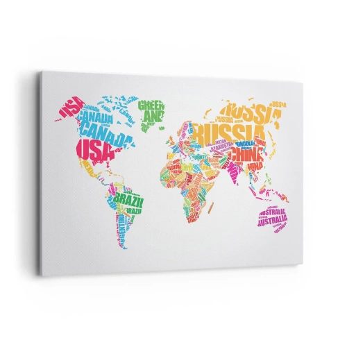 Impression sur toile - Image sur toile - Carte du monde colorée avec les noms des pays - 120x80cm - je veux tous les rencontrer - Décoration murale moderne pour le salon et la chambre ARTTOR