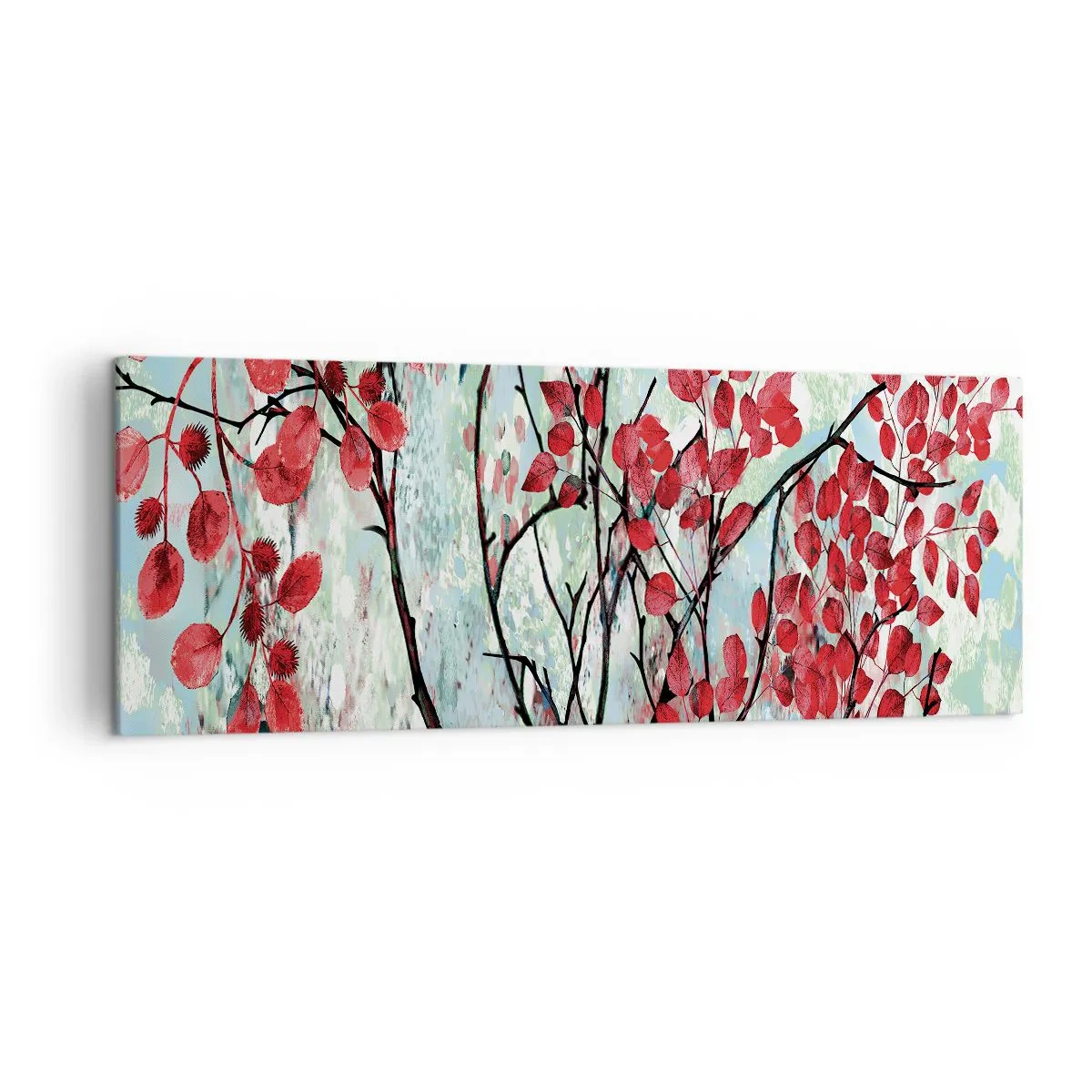 Impression sur toile - Image sur toile - Feuilles rouges sur un ciel lumineux avec des motifs abstraits - 140x50cm - Arbre en écarlate - Décoration murale moderne pour le salon et la chambre ARTTOR