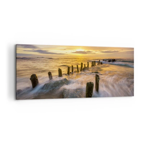 Impression sur toile - Image sur toile - Coucher de soleil sur la mer avec les vestiges d'une ancienne jetée - 120x50cm - La beauté brute de la mer Baltique - Décoration murale moderne pour le salon et la chambre ARTTOR