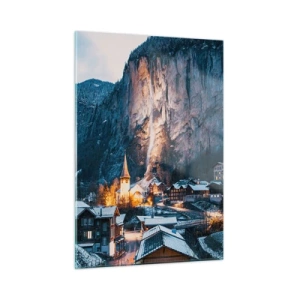 Impression sur verre - Image sur verre - Un village d'hiver au pied d'une paroi rocheuse illuminée - 50x70cm - Esprit brillant de l'hiver - Décoration murale moderne pour le salon et la chambre ARTTOR
