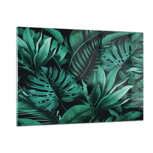 Impression sur verre - Image sur verre - Feuilles vertes luxuriantes dans une composition tropicale - 120x80cm - Profondeur du vert tropical - Décoration murale moderne pour le salon et la chambre ARTTOR