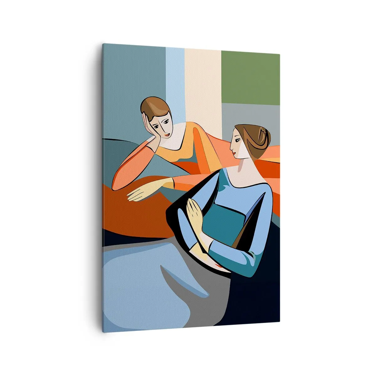 Impression sur toile - Image sur toile - Illustration abstraite de deux femmes dans le style cubiste - 70x100cm - Un moment de confiance - Décoration murale moderne pour le salon et la chambre ARTTOR