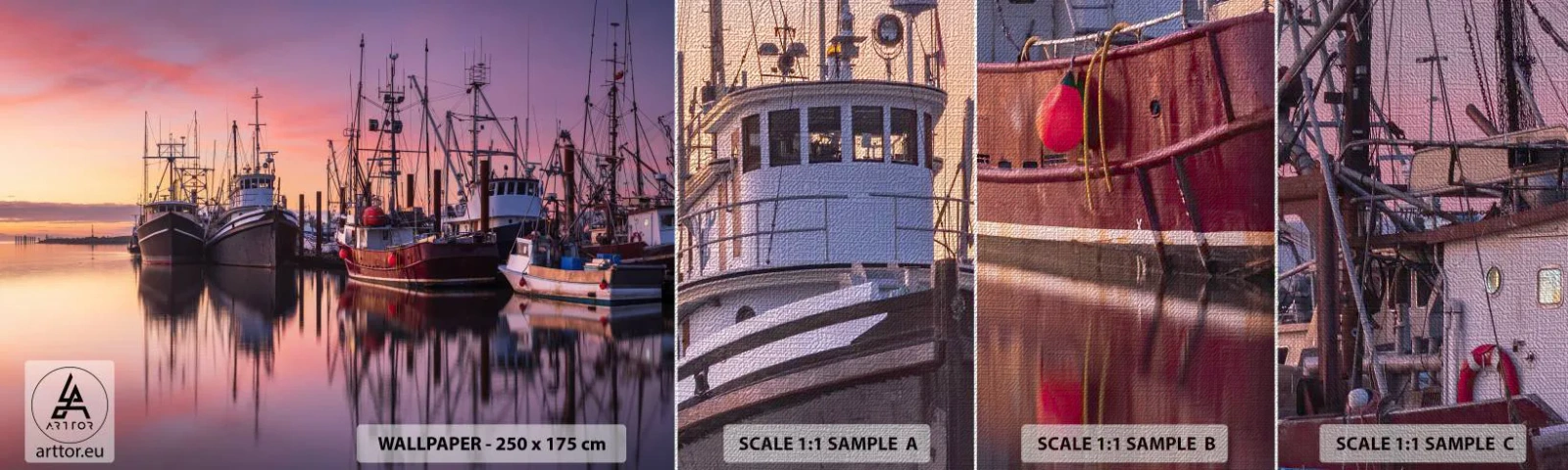 Échantillon de Papier Peint Premium Canvas - Avant le jour suivant - Port des Pêcheurs, Bateaux, Pêche - 100x30 cm