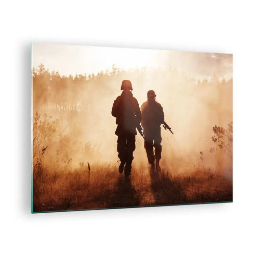 Impression sur verre - Image sur verre - Deux soldats en action sur fond de soleil couchant - 70x50cm - Call of Duty - Décoration murale moderne pour le salon et la chambre ARTTOR