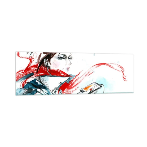 Impression sur verre - Image sur verre - Une femme portant un foulard rouge avec des traits d'aquarelle dynamiques - 160x50cm - Quelque chose se passe en moi - Décoration murale moderne pour le salon et la chambre ARTTOR