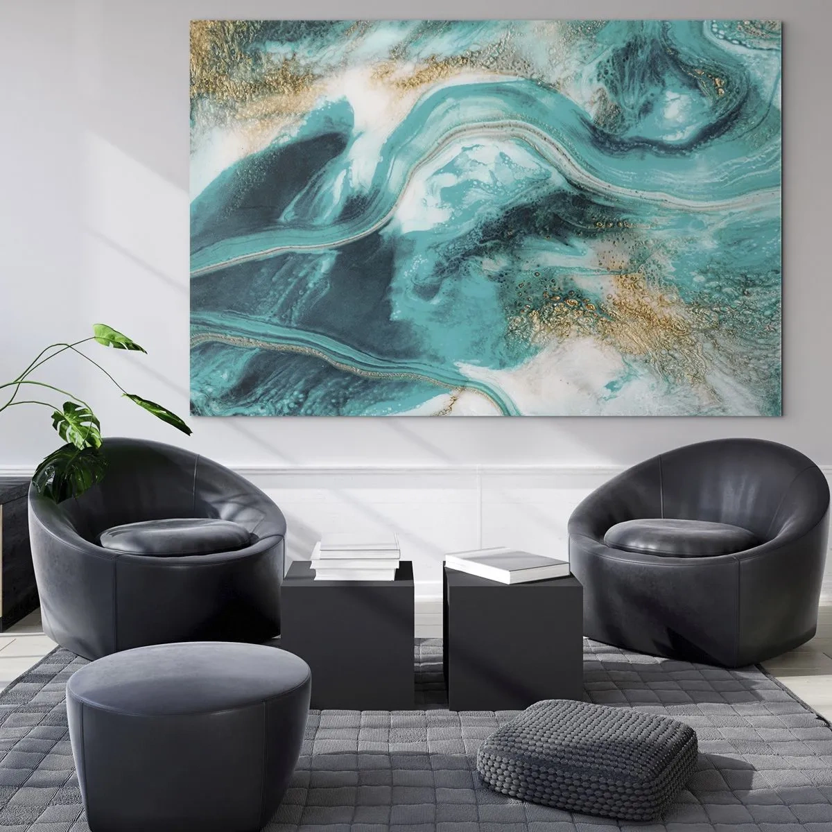 Impression sur verre - Image sur verre - Une composition abstraite en turquoise avec des accents dorés. - 70x50cm - Rivière d'or - Décoration murale moderne pour le salon et la chambre ARTTOR