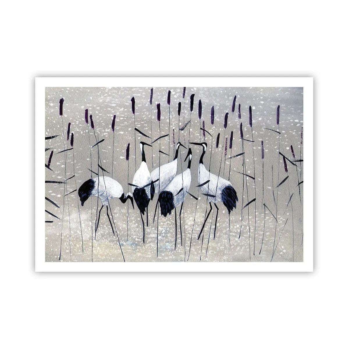 Affiche - Poster - Hérons dans l'herbe sur un fond paisible - 100x70cm - Parmi les siens - Décoration murale moderne pour le salon et la chambre ARTTOR