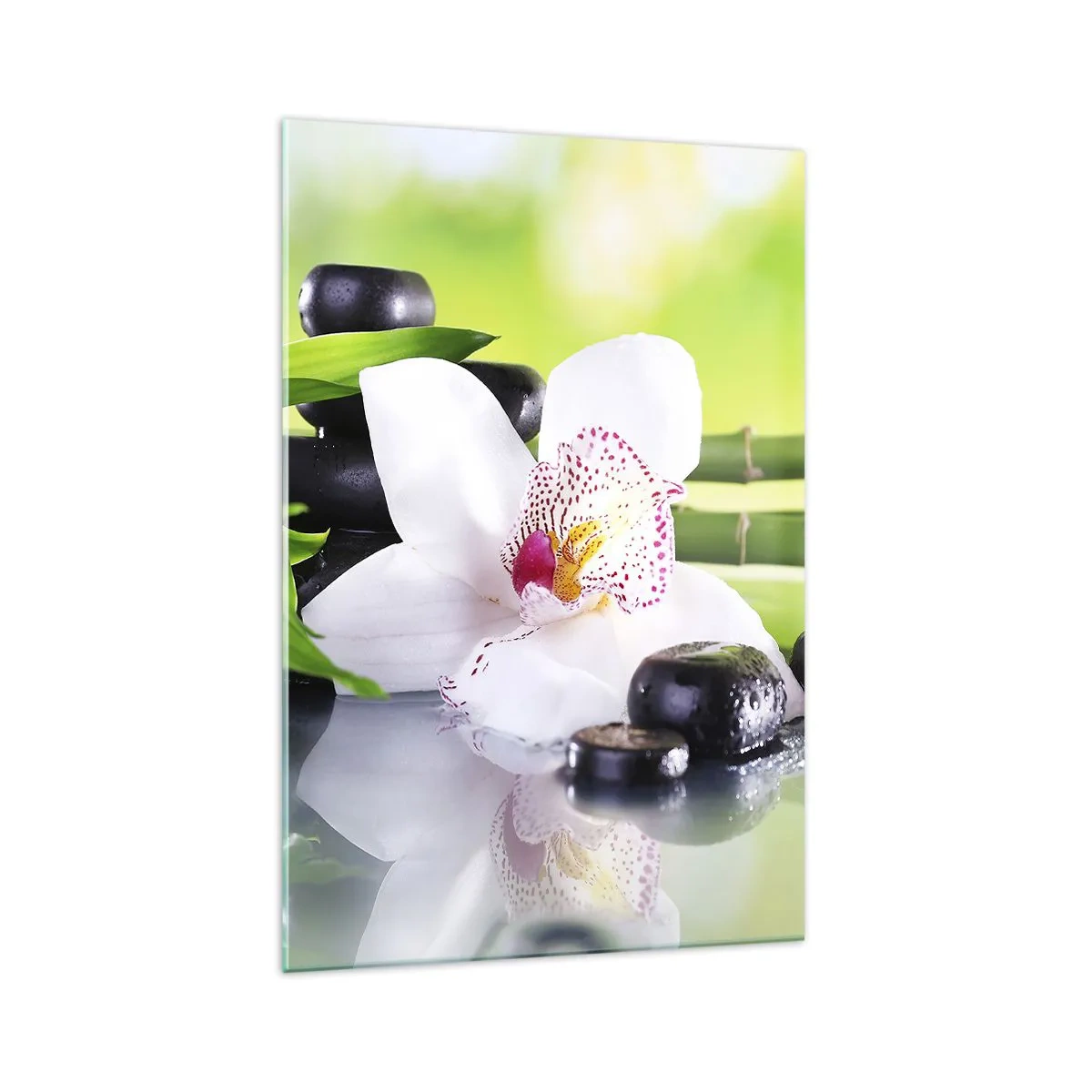 Impression sur verre - Image sur verre - Orchidée, pierres et bambou dans une composition spa harmonieuse - 70x100cm - Raffraîchissement de fraîcheur - Décoration murale moderne pour le salon et la chambre ARTTOR