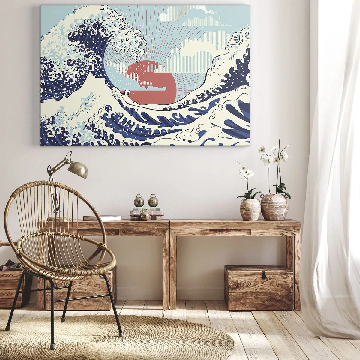 Impression sur toile - Image sur toile - Vagues de l'océan et coucher de soleil à la japonaise - 70x50cm - D'une inspiration japonnaise - Décoration murale moderne pour le salon et la chambre ARTTOR