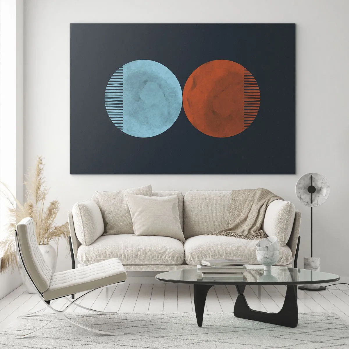 Impression sur verre - Image sur verre - Cercles abstraits en bleu et orange - 120x80cm - Seulement la géométrie ? - Décoration murale moderne pour le salon et la chambre ARTTOR