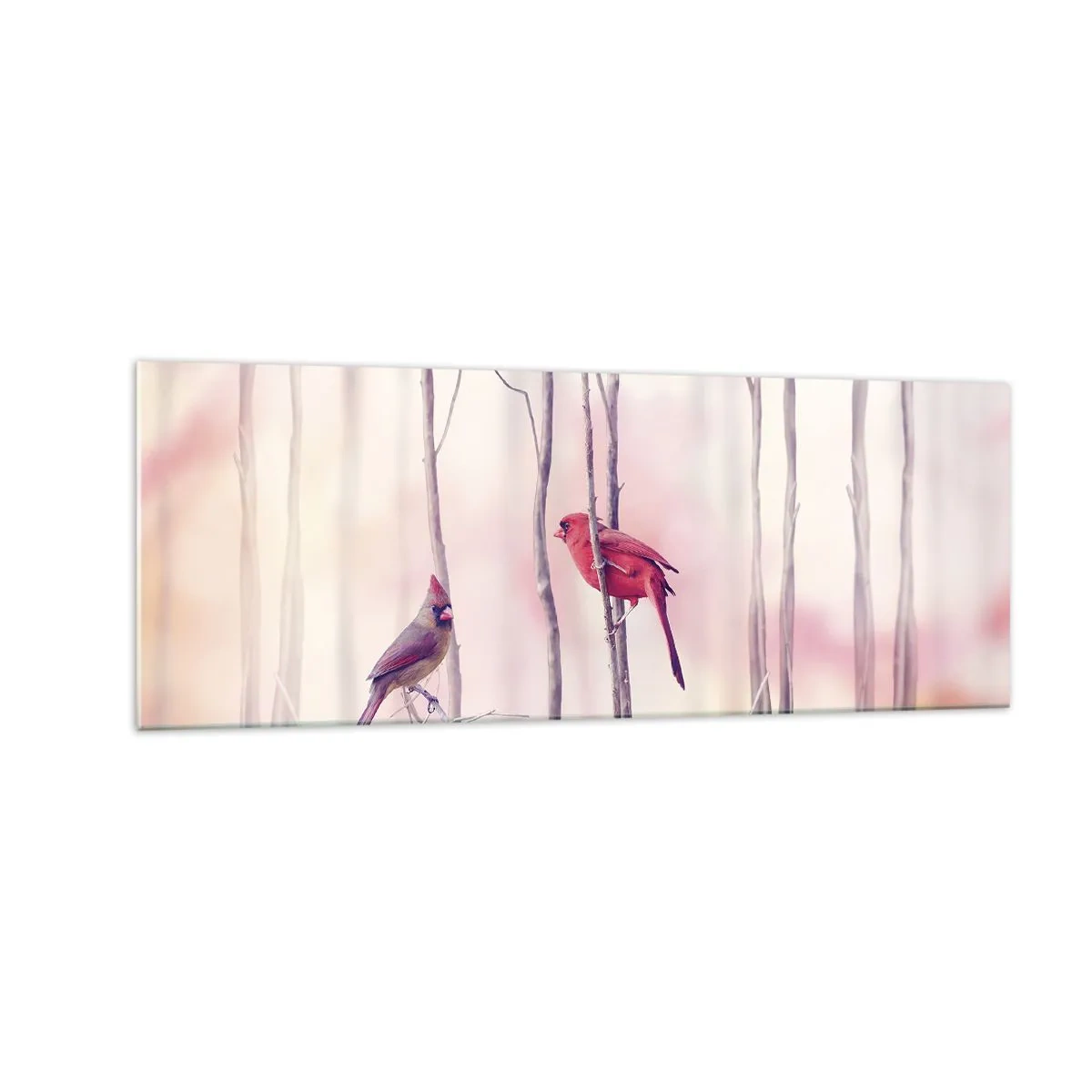 Impression sur verre - Image sur verre - Un couple de cardinaux perchés sur des branches dans un paysage pastel - 140x50cm - Conte de la forêt rose - Décoration murale moderne pour le salon et la chambre ARTTOR