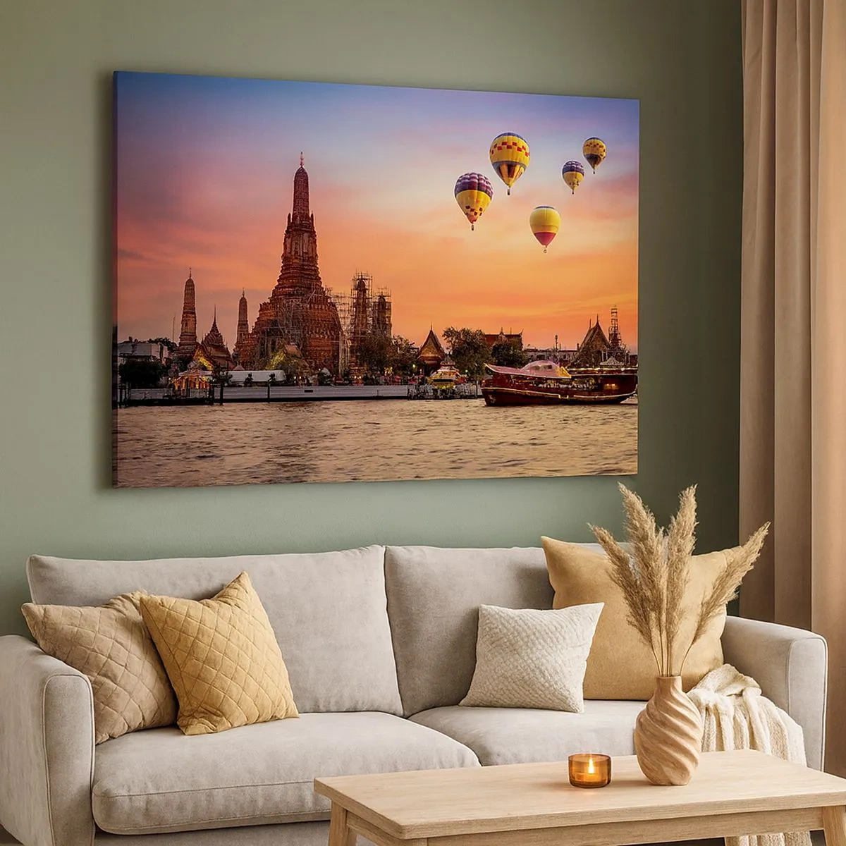 Impression sur toile - Image sur toile - Un temple et des ballons sur fond de soleil couchant sur la rivière - 70x50cm - C'est ici que naissent les contes de fées - Décoration murale moderne pour le salon et la chambre ARTTOR