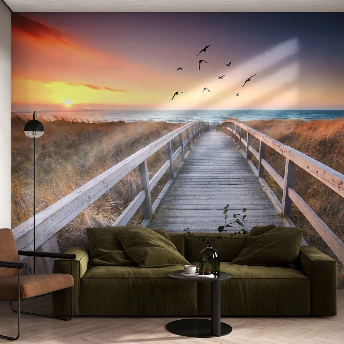 Papier Peint Photo Premium Sand - Chemin en bois vers la plage au coucher du soleil - 100x70cm - Envol des espaces - Décoration murale moderne pour le salon et la chambre ARTTOR