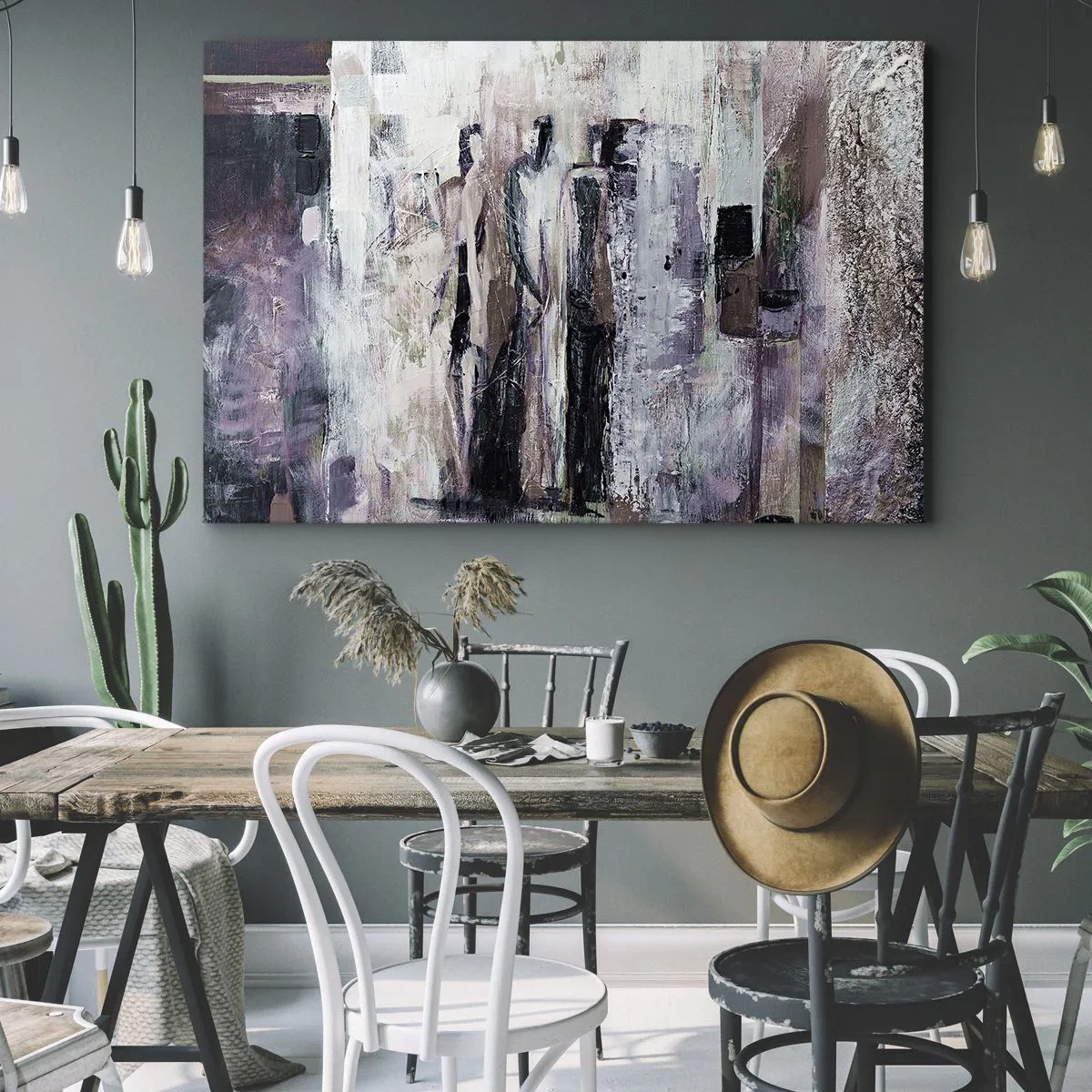 Impression sur toile - Image sur toile - Une composition abstraite avec trois personnages aux couleurs pastel. - 70x50cm - Les trois mystérieux - Décoration murale moderne pour le salon et la chambre ARTTOR