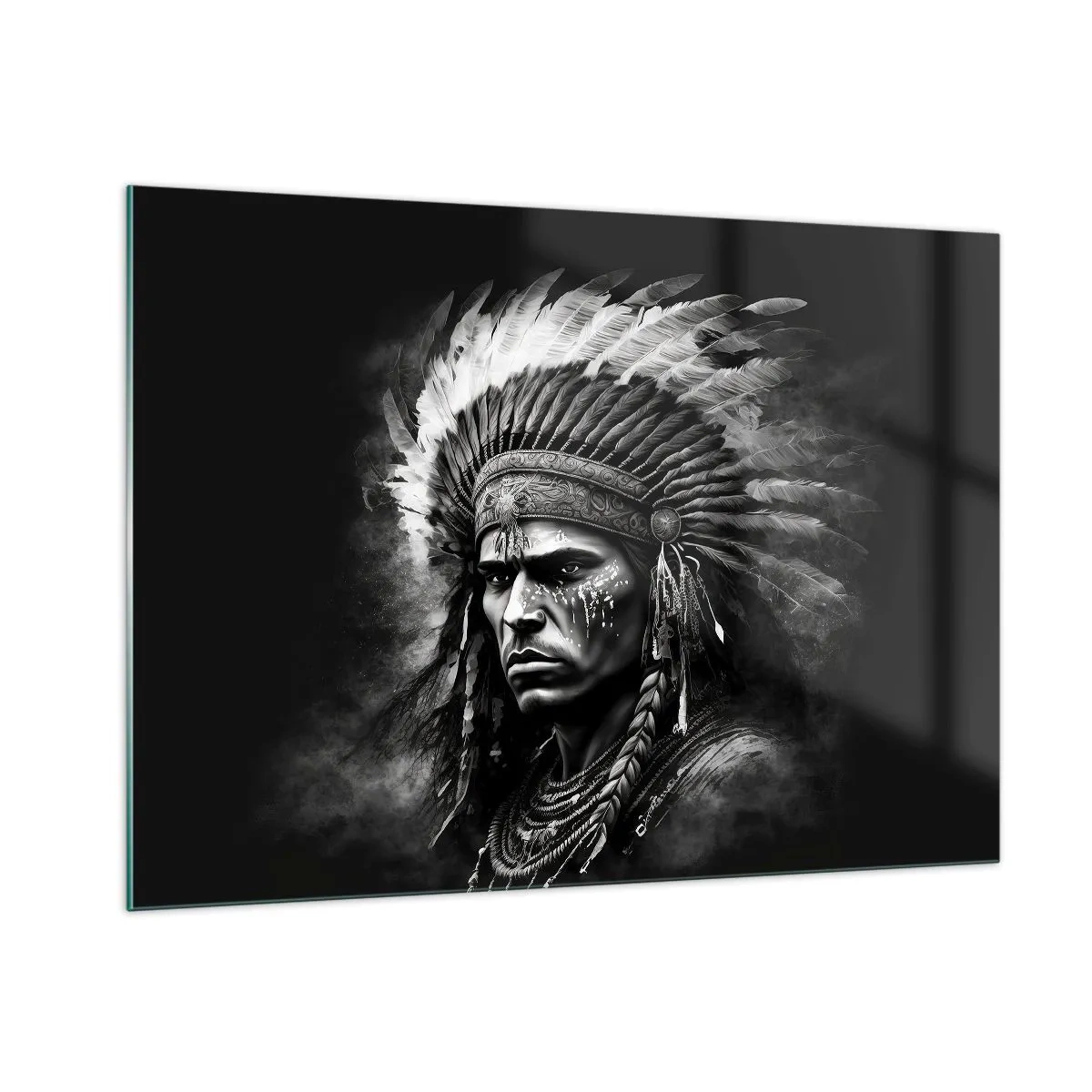 Impression sur verre - Image sur verre - Portrait en noir et blanc d'un guerrier avec une coiffe à plumes - 100x70cm - Un leader et un guerrier - Décoration murale moderne pour le salon et la chambre ARTTOR