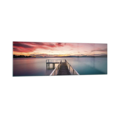 Impression sur verre - Image sur verre - Une jetée menant à un lac tranquille au coucher du soleil - 160x50cm - La douce flamme du soir - Décoration murale moderne pour le salon et la chambre ARTTOR