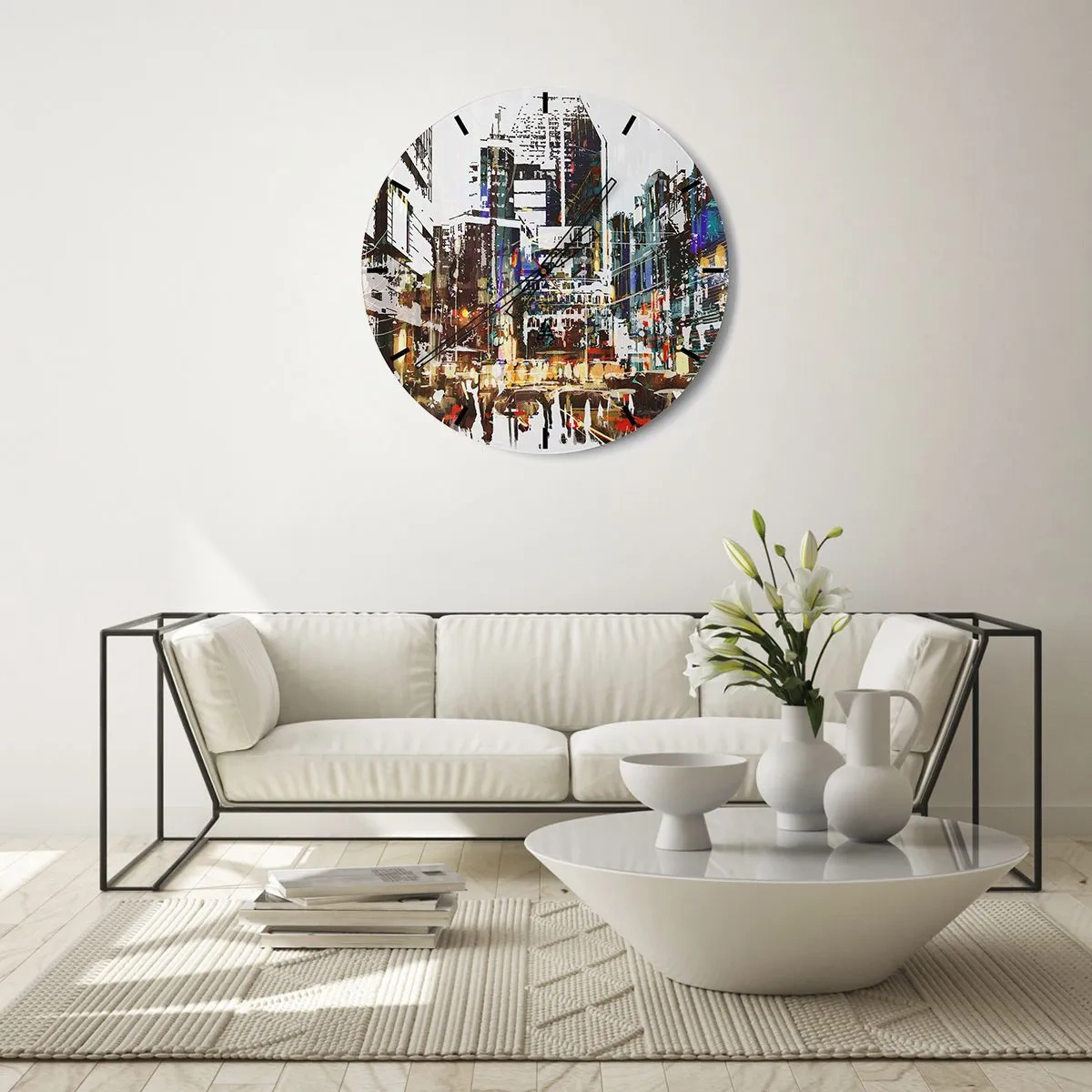 Horloge murale - Pendule murale - Panorama urbain abstrait aux couleurs intenses - 30x30cm - Une ville chatoyante - Décoration murale moderne pour le salon, la cuisine et la chambre ARTTOR