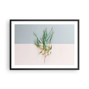 Affiche dans un cadre noir - Poster - Une branche avec des feuilles sur un fond de tons pastel - 70x50cm - Subtilité pastel - Décoration murale moderne pour le salon et la chambre ARTTOR